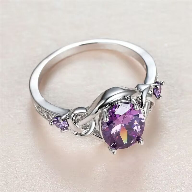 Oval Purple Gemstone Statement Ring, Celtic Knot Design Ring with Side Accent Stones for Women