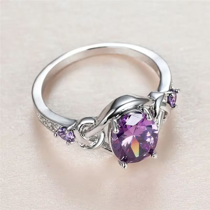 Oval Purple Gemstone Statement Ring, Celtic Knot Design Ring with Side Accent Stones for Women