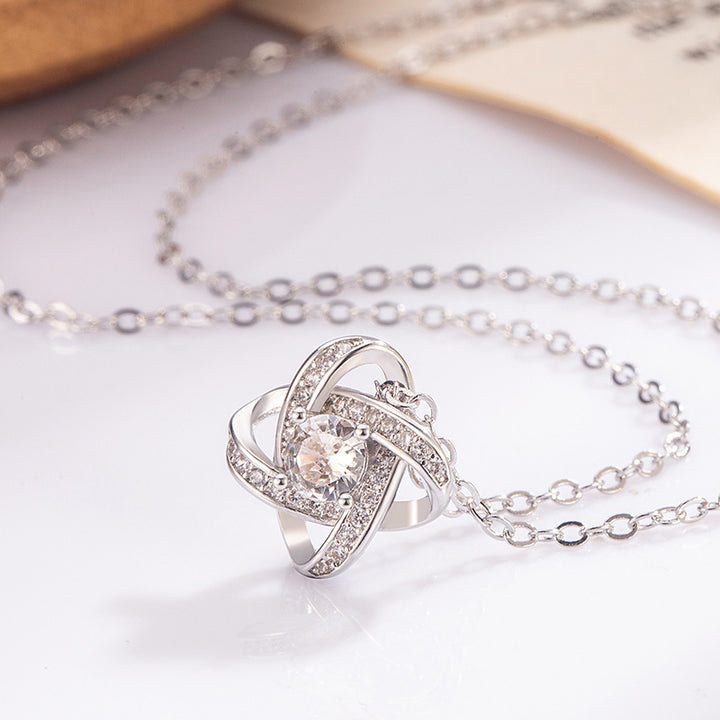 Interwoven Knot Diamond Pendant Necklace, Luxury Style Lucky Clavicle Chain Women Necklace