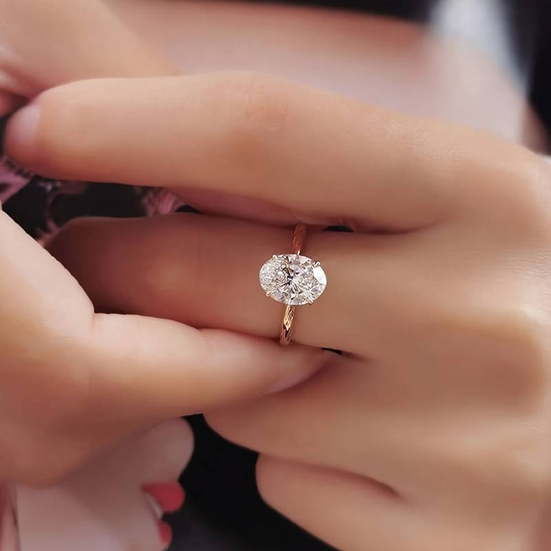 4-Prong Oval Cut Stone Solitaire Ring, 18K Gold Silver Minimal Slim Band Engagement Ring