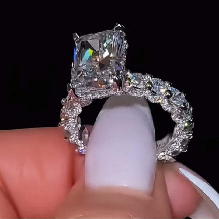 Radiant Cut Diamond‑Style Halo Ring, Full Pave Band Women Statement Promise Ring