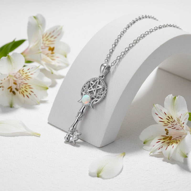 Pentagram Moon Opal Key Necklace, Sophisticated Collarbone Necklace For Women