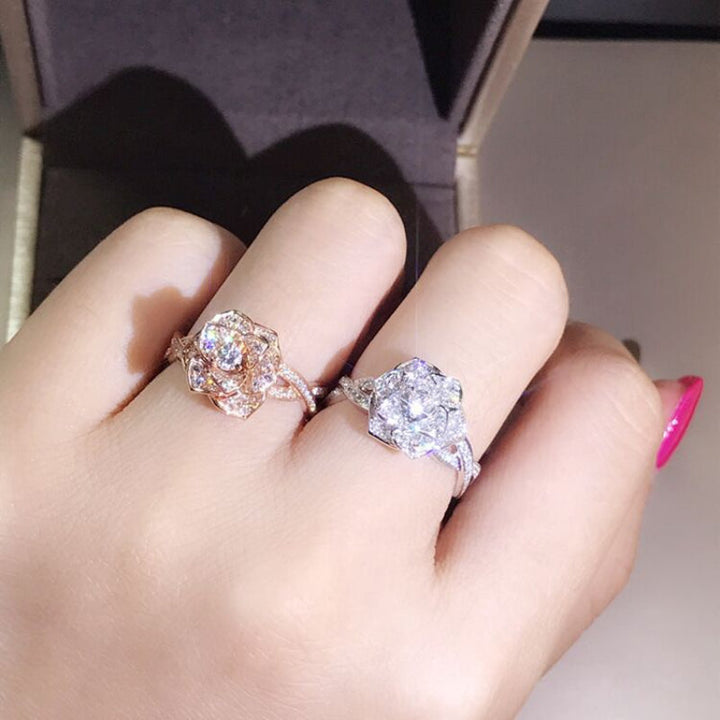 3D Sculptural Rose Flower Solitaire Ring, Pave Shank Floral Engagement Promise Ring