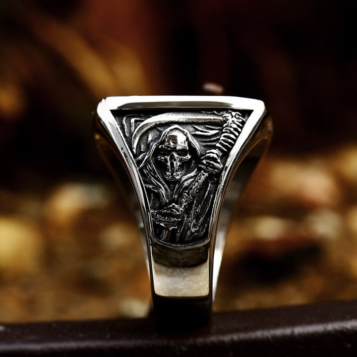 Vintage Grim Reaper Skull 3D Carved Wide Band Men's Statement Ring, Punk Hip Hop Death Skull Ring