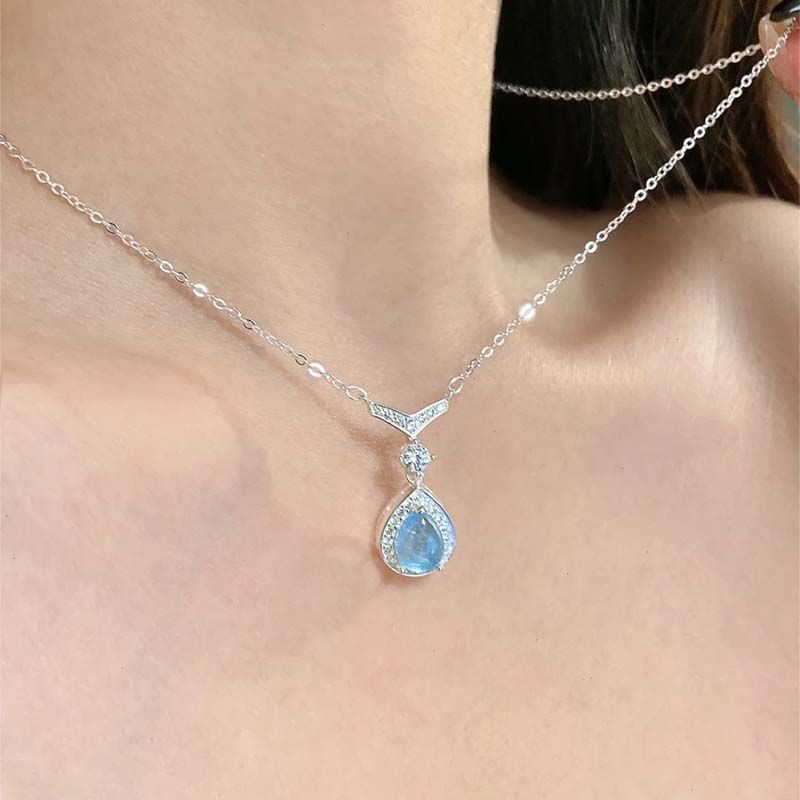 Mermaid Teardrop Blue Gem Pendant Necklace, Elegant Sparkling Halo Collarbone Necklace for Women