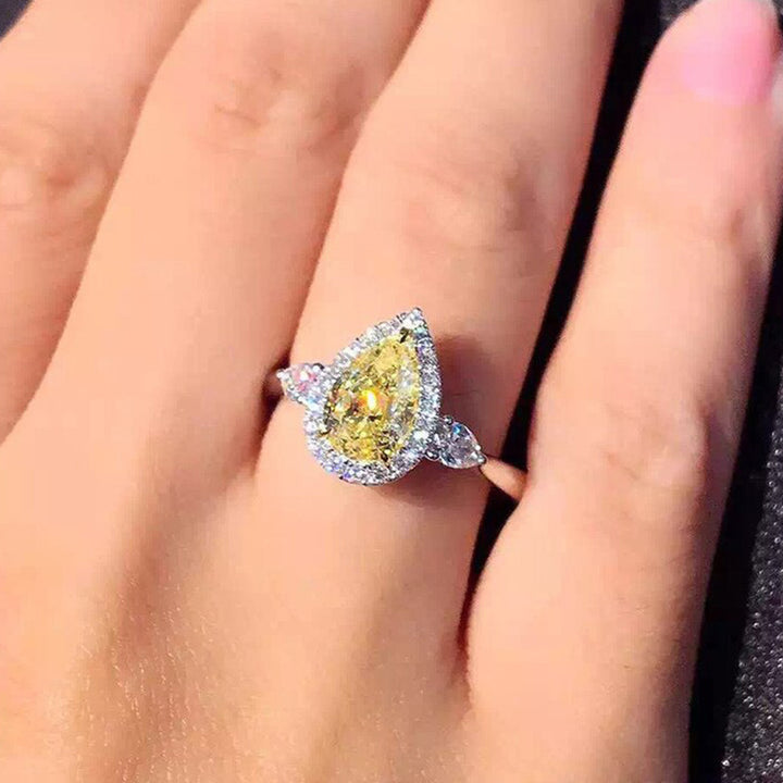 Pear‑Cut Yellow Diamond Halo Ring, Elegant Three‑Stone Women’s Ring
