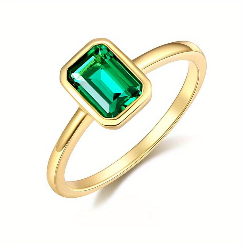 14K Gold Bezel Set Emerald Cut Gemstone Ring, Minimalist Rectangular Stone