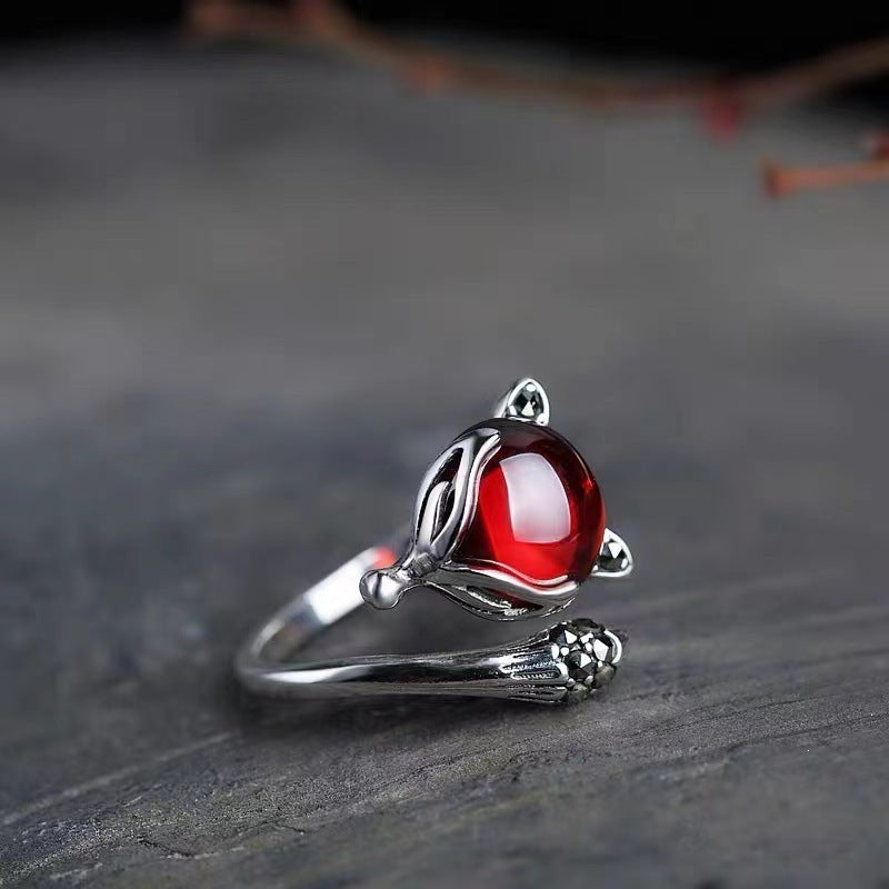 Vintage Red Gem Fox Statement Ring, Antique Silver Animal Spirit Adjustable Opening Band