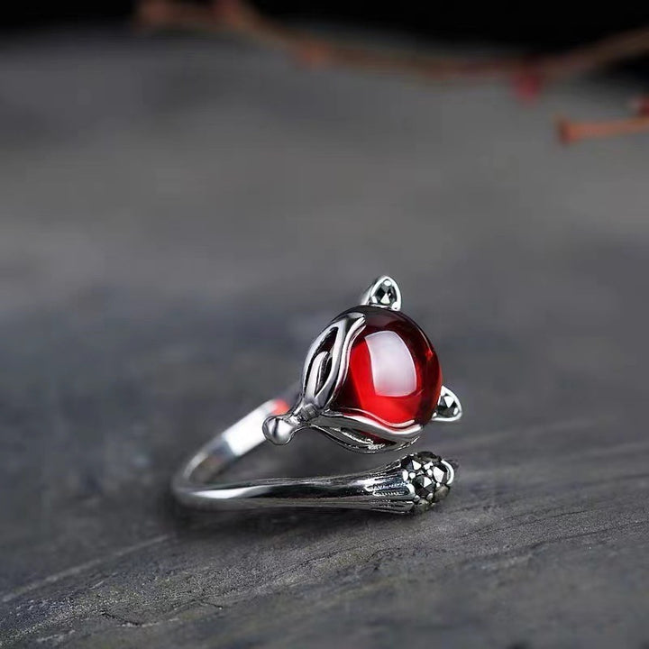 Vintage Red Gem Fox Statement Ring, Antique Silver Animal Spirit Adjustable Opening Band