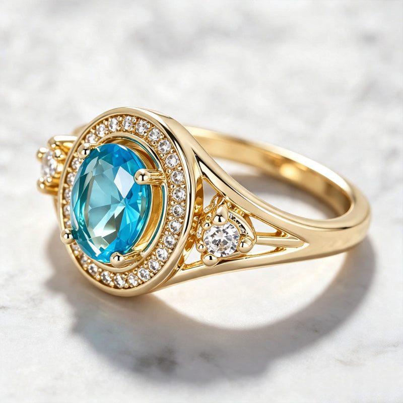 Oval Blue Gemstone Halo Diamond Accent Ring, Curved Inlaid Band Statement Cocktail Ring