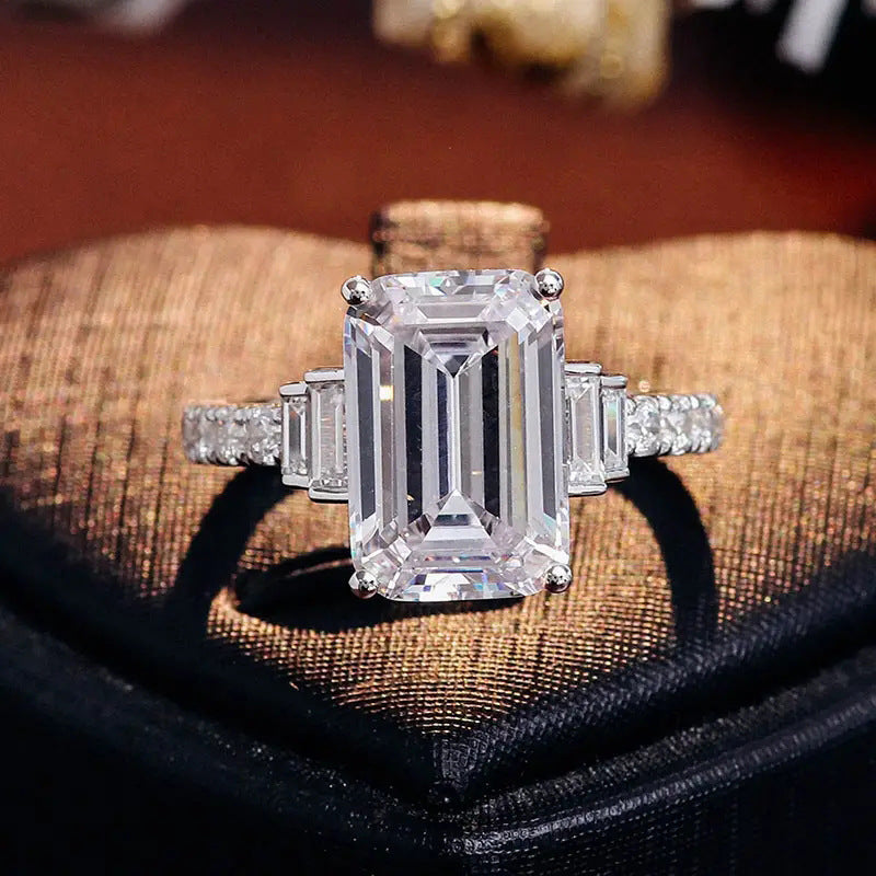 Emerald Cut Sparkling Diamond Ring, Elegant Luxury Engagement Style Jewelry for Women