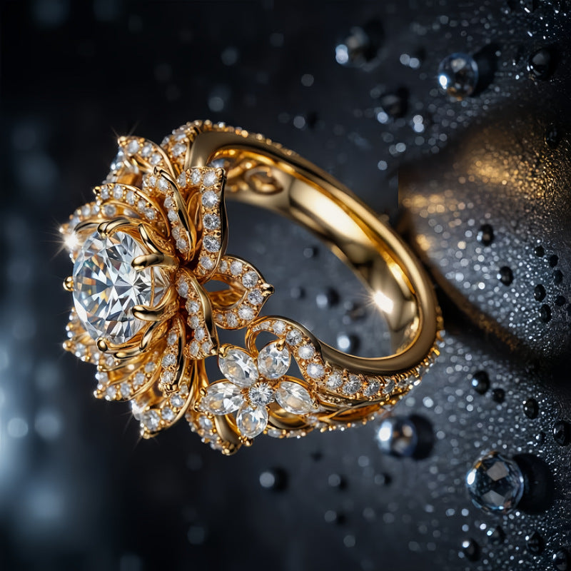 Luxurious Diamond-Encrusted Lotus Ring, Ornate 14K Gold‑Tone Halo Statement Cocktail Ring