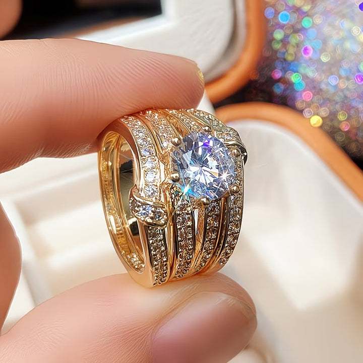 Round‑Cut Diamond 3‑Piece Ring Set, Multi‑Row Pave Accent Stackable Engagement Wedding Ring