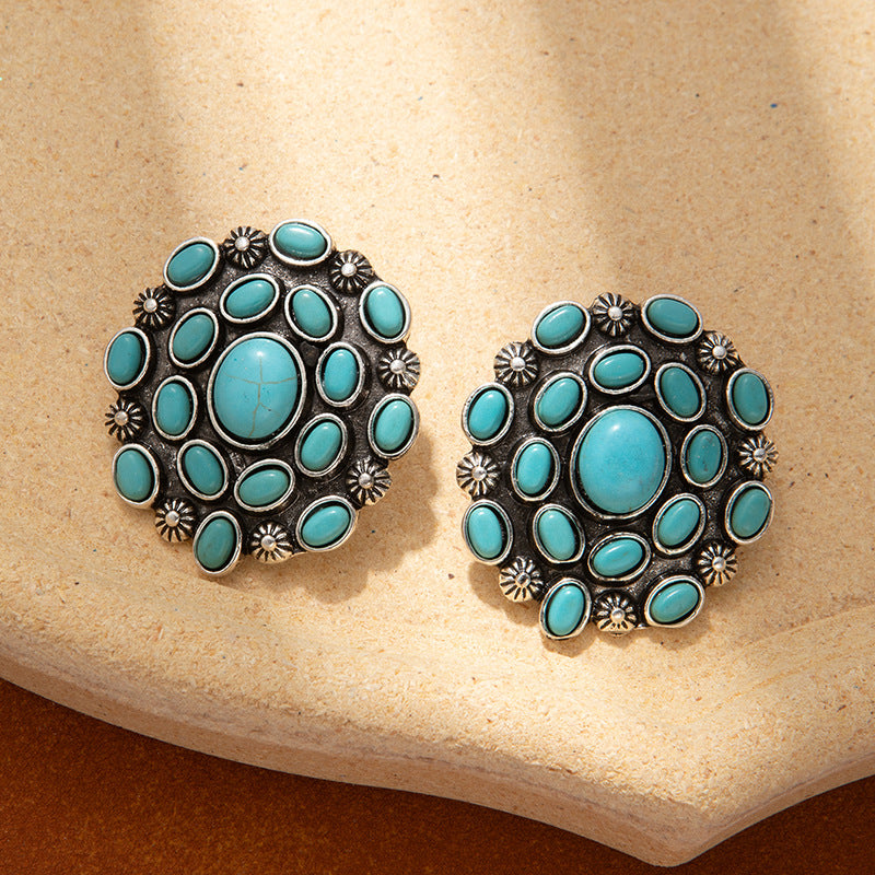 Turquoise Gemstone Earrings, High-End Women's Retro Bohemian Ethnic Style Earrings
