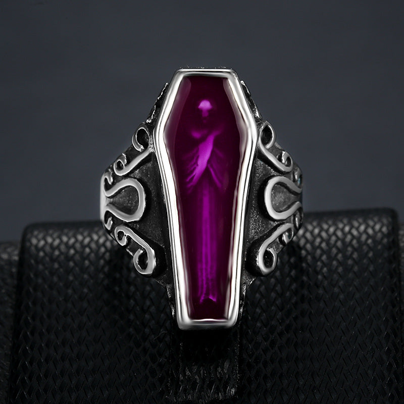 Gothic Coffin‑Shape Statement Ring, Vintage Scroll Engraved Dark‑Style Unisex Band Ring