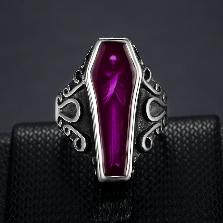 Gothic Coffin‑Shape Statement Ring, Vintage Scroll Engraved Dark‑Style Unisex Band Ring