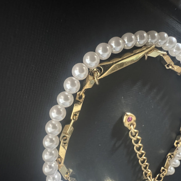 Pearl & Geometric Metal Stacked Bracelet, Heart Diamond Charm Dainty Layered Women Coquette Minimalist Wrist Jewelry