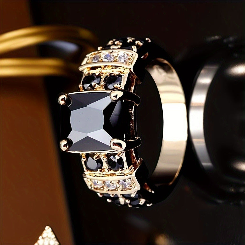 Vintage Rectangular Stone Statement Ring, Elegant Wide Band Cocktail Ring for Men Women