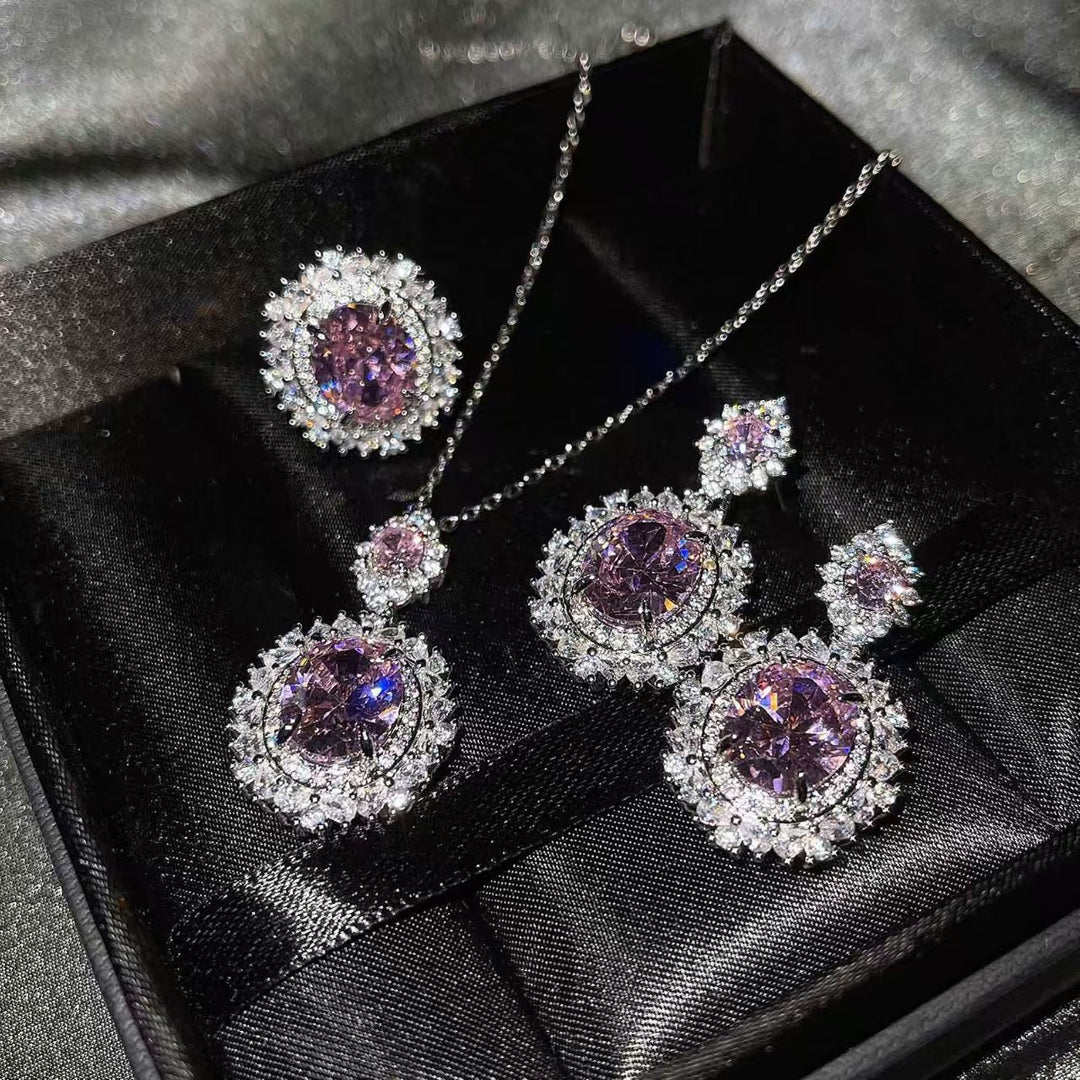Oval Cut Gemstone Jewelry Set, 3Pcs Necklace Earring Ring Set, Luxury Statement Jewelry for Women