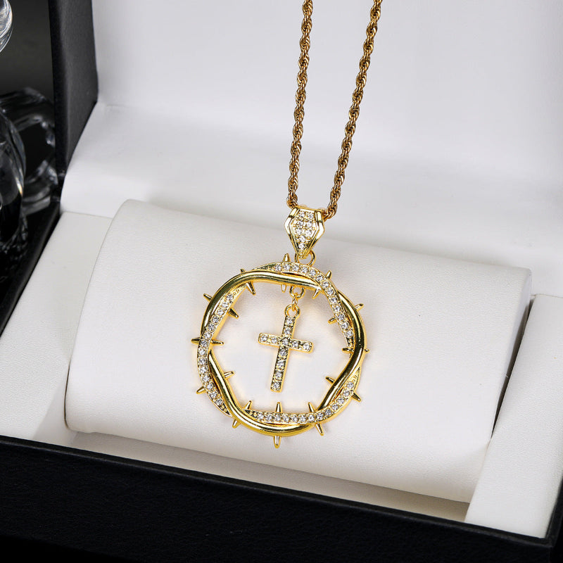Intertwined Thorns Diamond-Studded Cross Pendant, Retro Creative Necklace Jewelry