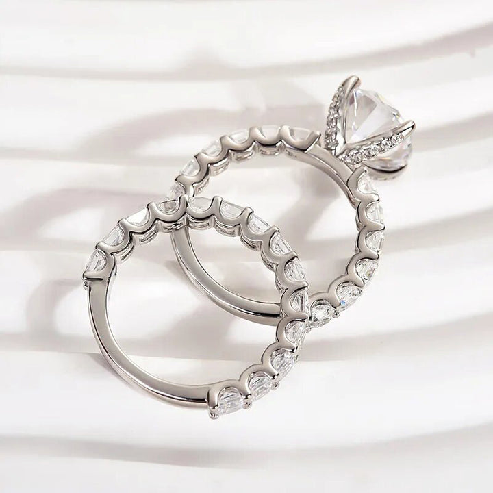 4 Prong Round Solitaire Double Row Baguette Split Shank Stackable Silver Bridal Wedding Ring