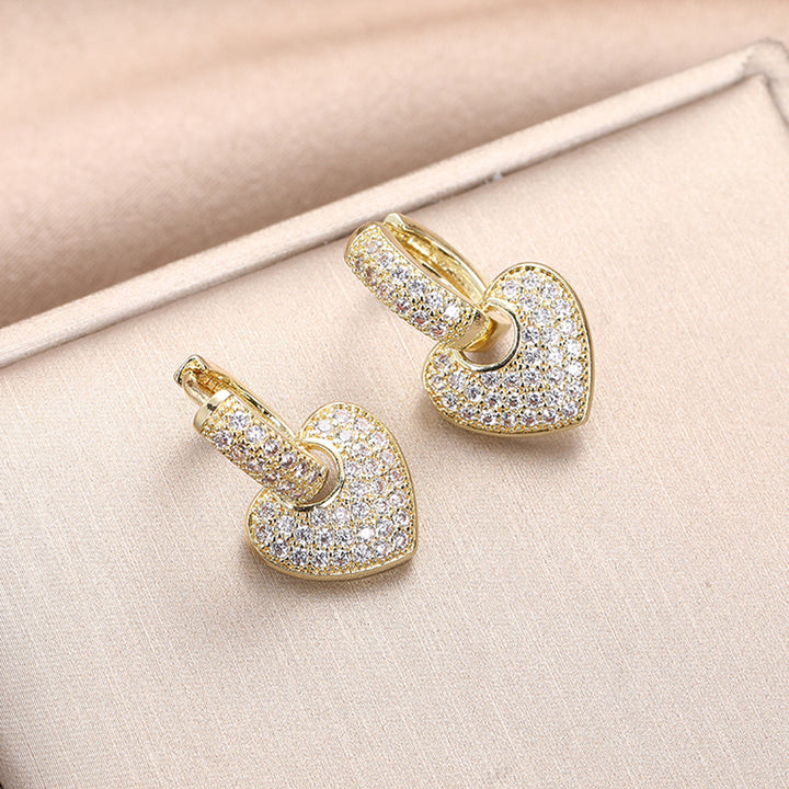 Sparkling Heart Drop Huggie Earrings, Paved Diamond Heart Earrings for Women Daily Party Jewelry