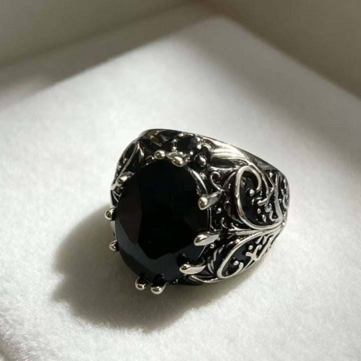 Vintage Ornate Black Gem &amp; Diamond Men’s Statement Ring, Two‑Tone Finish Gothic Wide Band Ring
