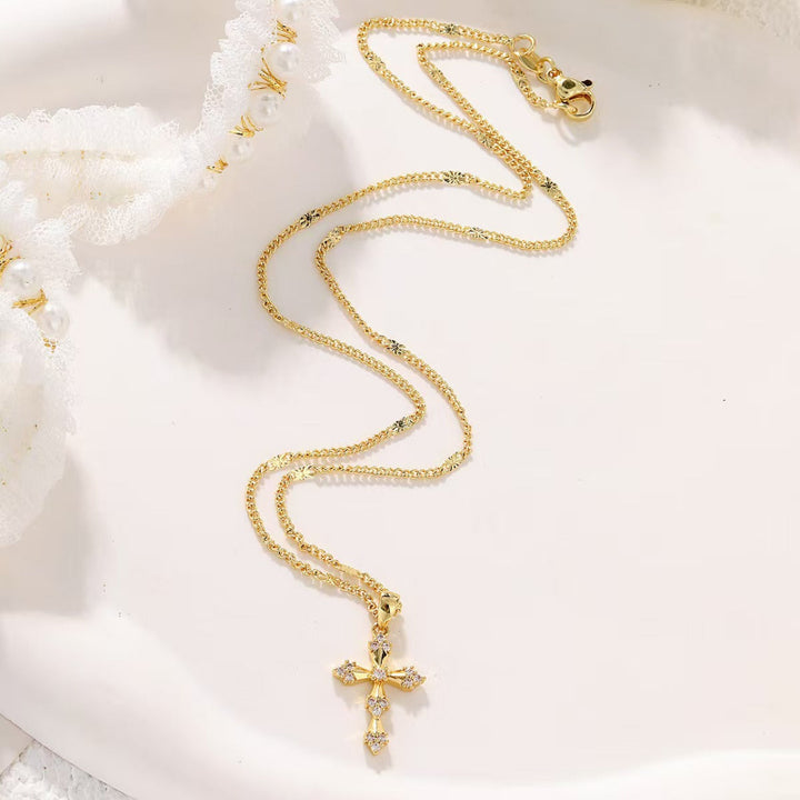 Vintage Diamond Paved Cross Pendant Necklace, Dainty Statement Jewelry for Women