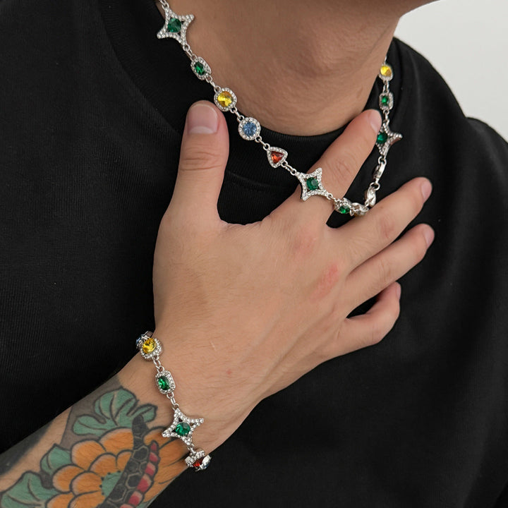 New Men's Colored Gemstone Cross Necklace and Bracelet, Colorful Gem & Diamond Star Link Jewelry Set