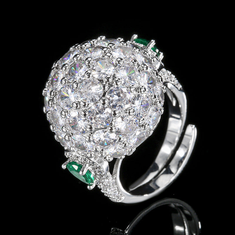 3D Sphere Full Pave Diamond Open Ring, Emerald Accent Luxury Adjustable Cocktail Band