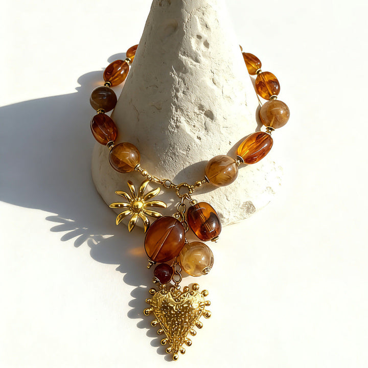 Vintage Swirl Amber Bead Heart Sunflower Charm Necklace, Retro 18K Gold Statement Collar