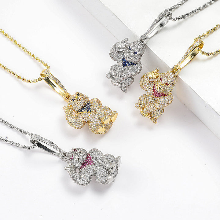 Iced Out Gorilla Hand Gun Pendant Necklace, 18K Gold Silver Hip Hop Rope Chain Jewelry
