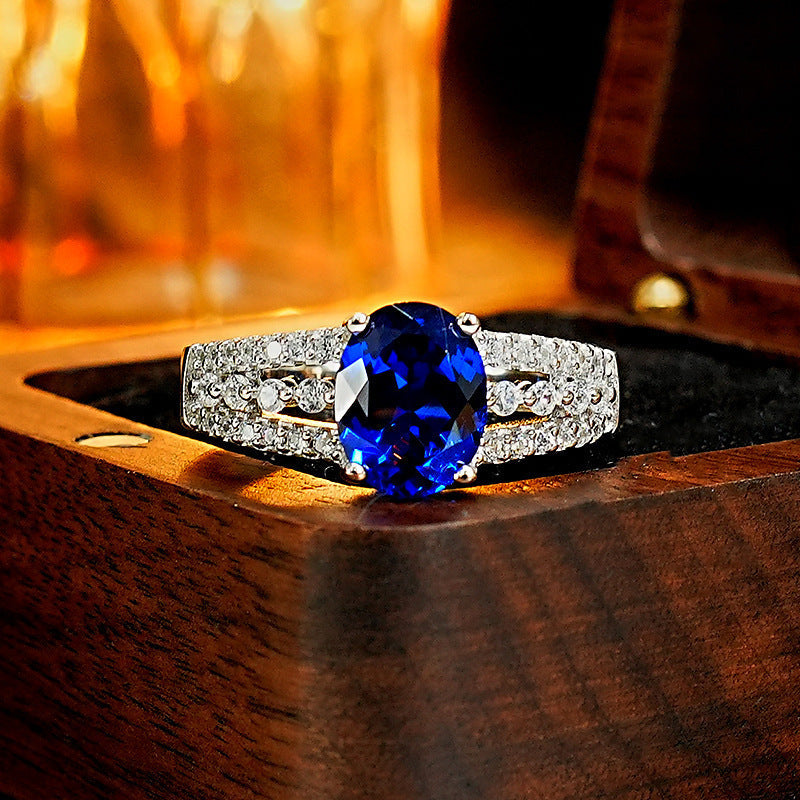 Oval Blue Sapphire Split Shank Halo Ring, Adjustable Opening Diamonds Statement Ring For Women