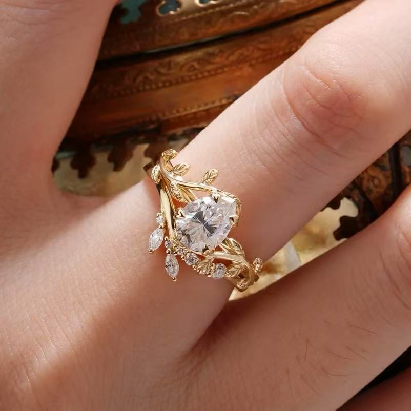 Leaf Shaped Stackable Ring Set, Elegant Teardrop Stone Matching Bands for Women