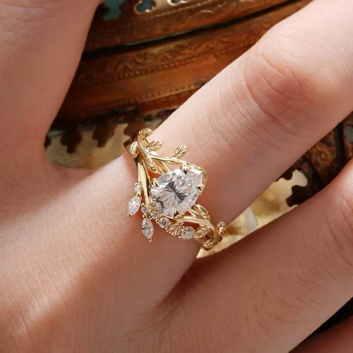 Leaf Shaped Stackable Ring Set, Elegant Teardrop Stone Matching Bands for Women