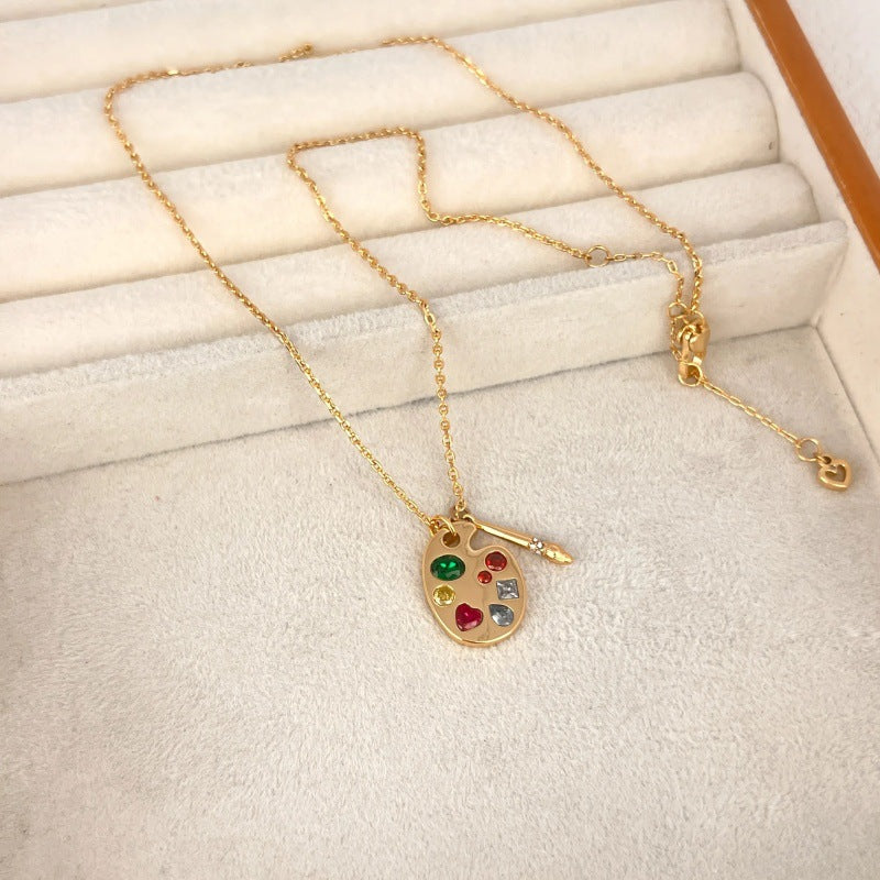 Artist Palette Paintbrush Pendant Necklace, Colorful diamonds 18K Gold Dainty Chain