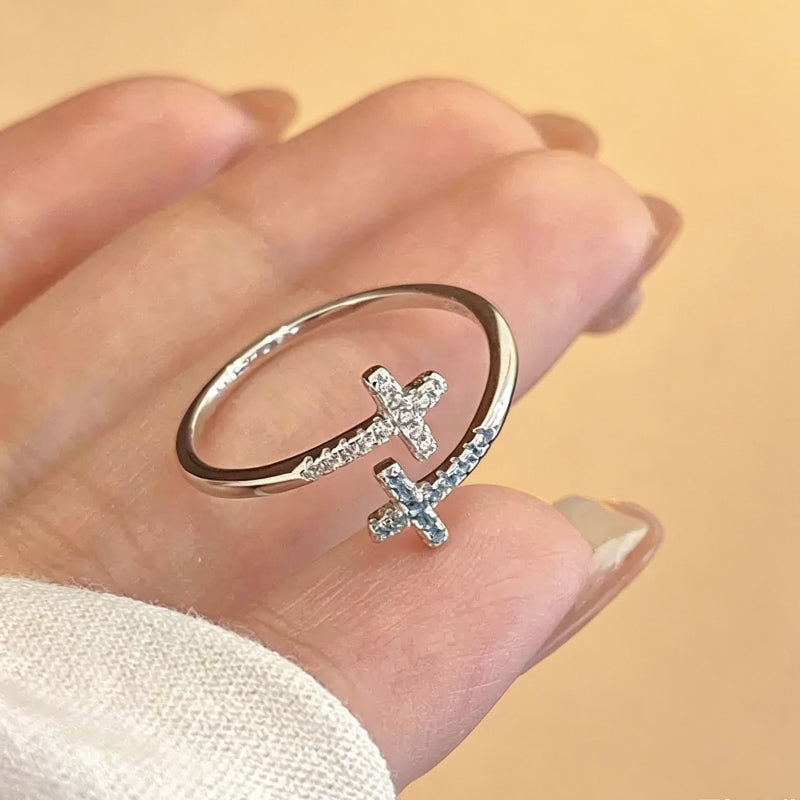 Dual Cross Pave Diamond Open Adjustable Ring, Silver Minimal Stackable Statement Band