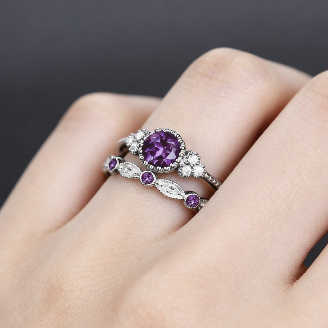 Round Cut Gemstone Halo Ring Set, Vintage Stackable Matching Wedding Bands for Women