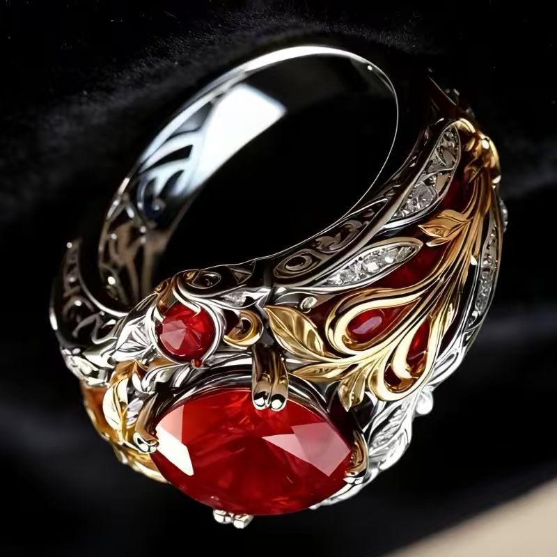 Two-Tone Carved Leaf Red Gem Diamond Vintage Wide Statement Ring