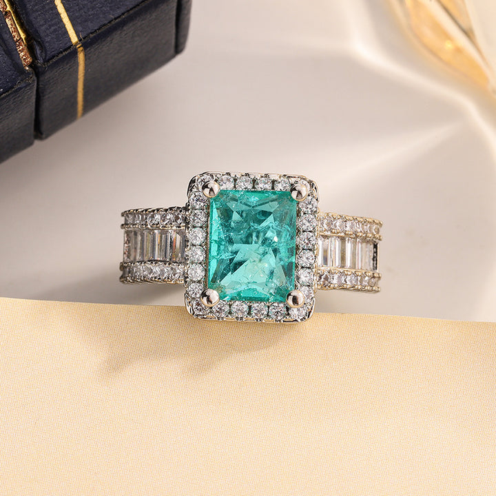 Emerald Cut Green Gemstone Halo Ring, S925 Silver Paved Diamond Statement Ring
