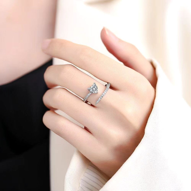 Adjustable Open Split Band Heart Diamond Silver Promise Ring, Dainty Double Pave Love Statement Ring