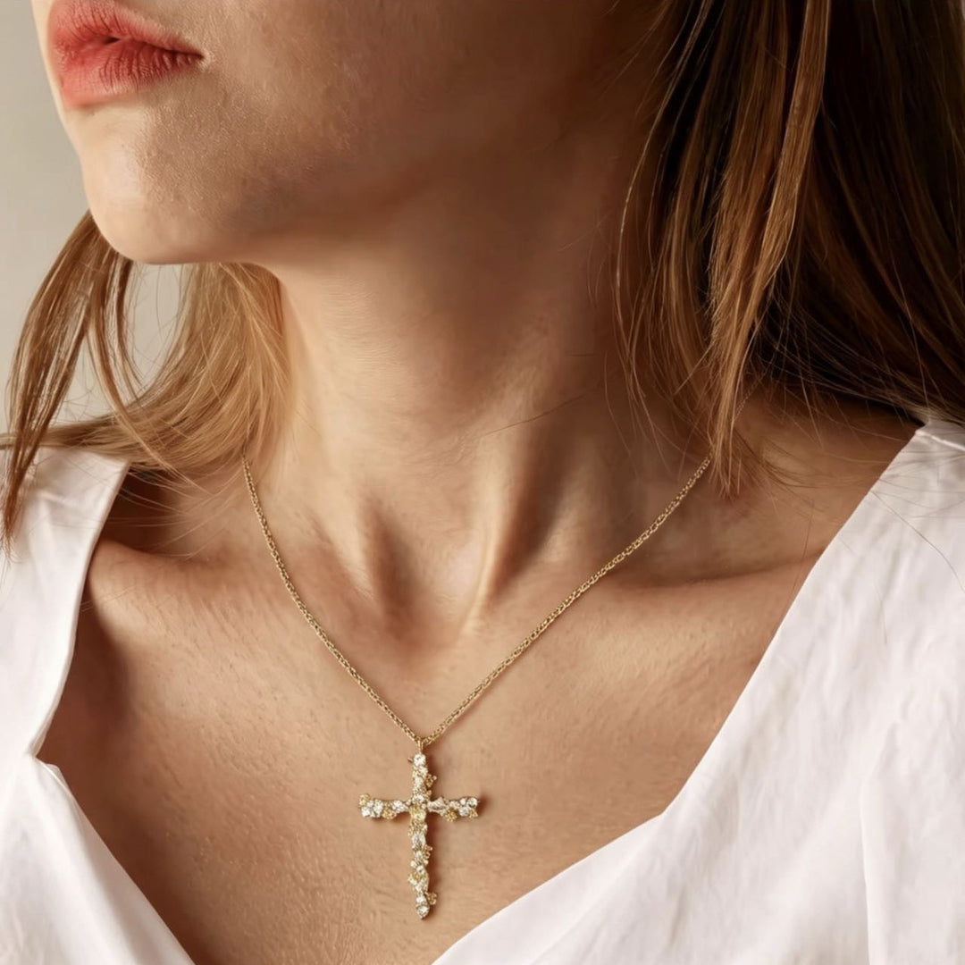 S925 &amp; 14K Floral Cross Diamond Rope Chain Necklace, Perfect Gift Choice For Women