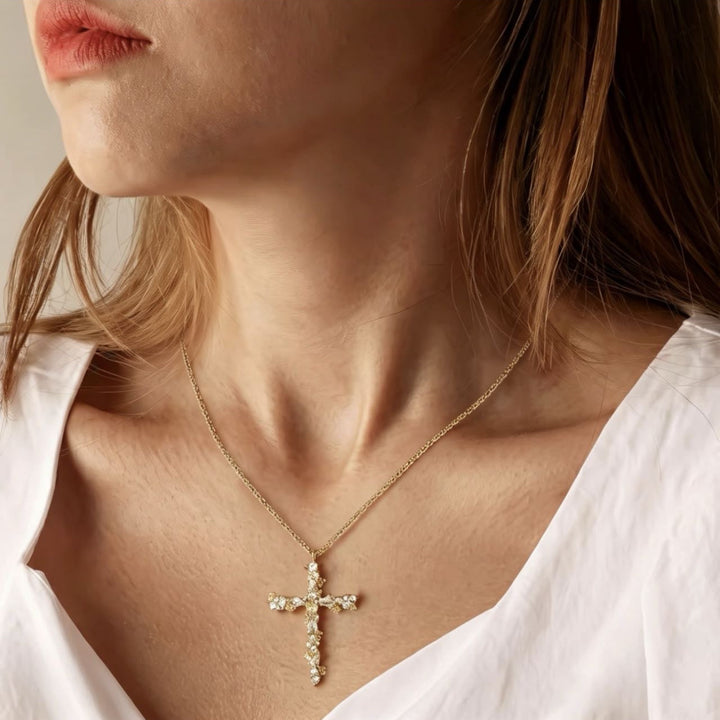S925 &amp; 14K Floral Cross Diamond Rope Chain Necklace, Perfect Gift Choice For Women
