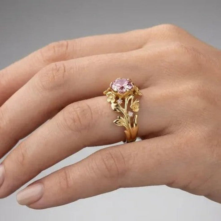 Vintage Branch Pink Diamonds Ring, Two-Tone Nature Inspired Art Nouveau Ring For Women