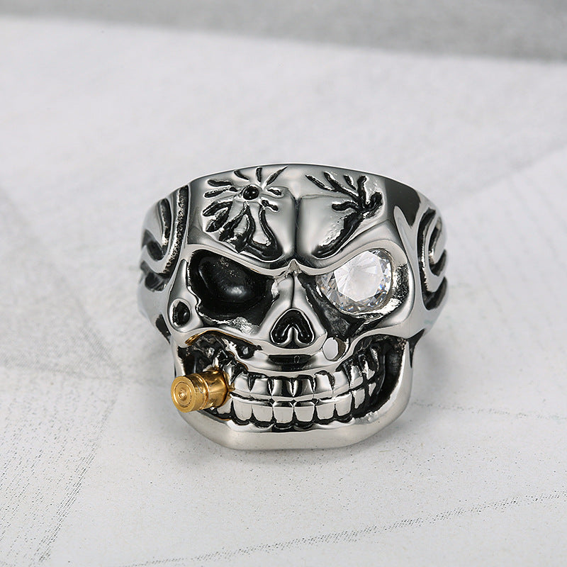 Retro Punk Bold Skull Ring with Diamond Eye, Distressed Gothic Biker Men's Statement Jewelry
