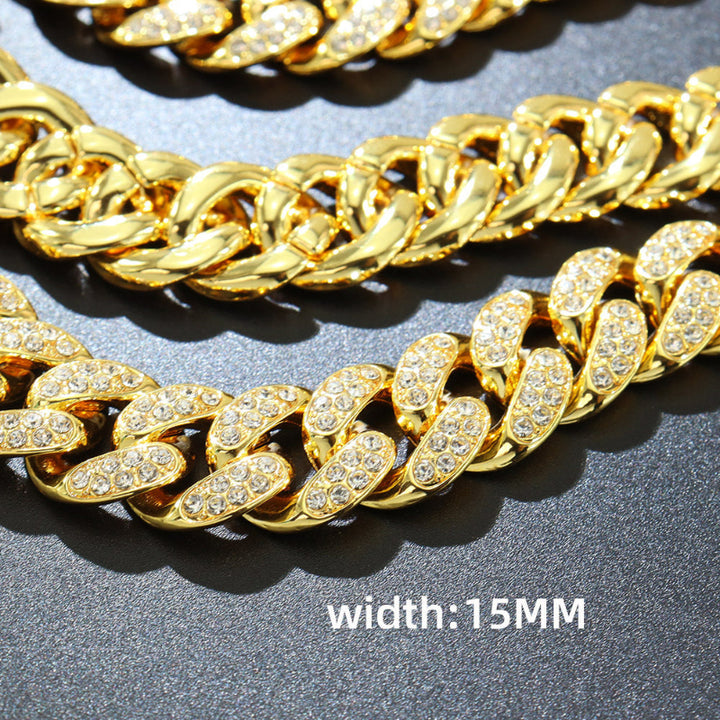 15mm Iced‑Out Diamond Cuban Link Chain Set, Hip Hop Style Necklace and Bracelet for Trendy Men