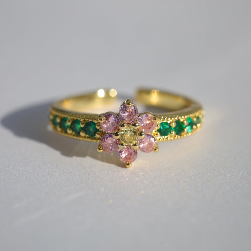 Colorful Floral Multi-Gem Adjustable Open Ring, Pink Flower Emerald Band Diamond Stackable