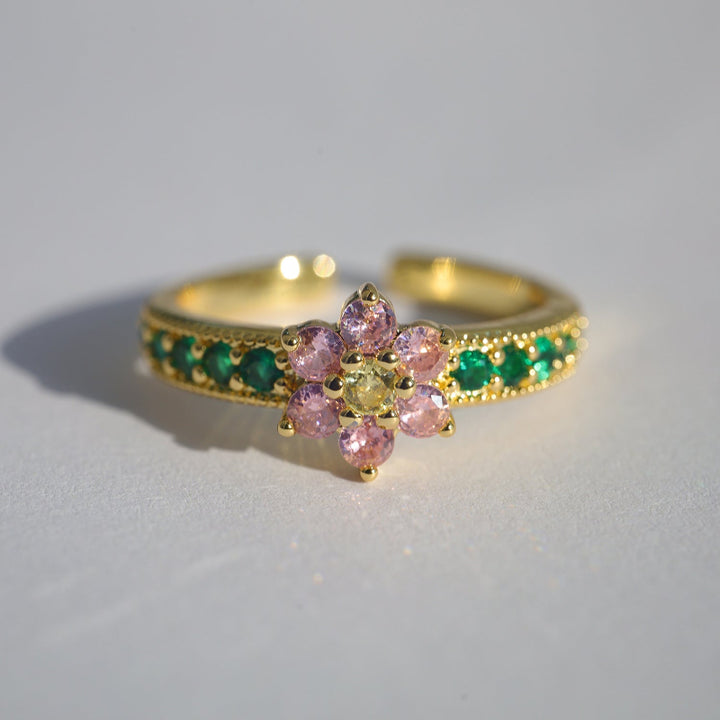 Colorful Floral Multi-Gem Adjustable Open Ring, Pink Flower Emerald Band Diamond Stackable