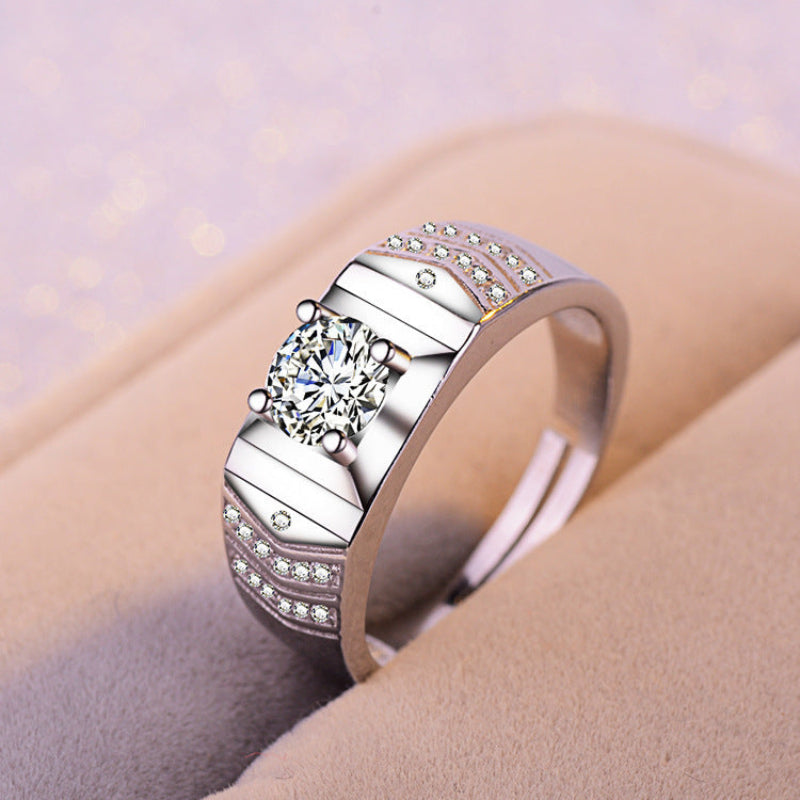 Geometric Square Center Diamond Men’s Adjustable Ring, Wide Band Statement Ring