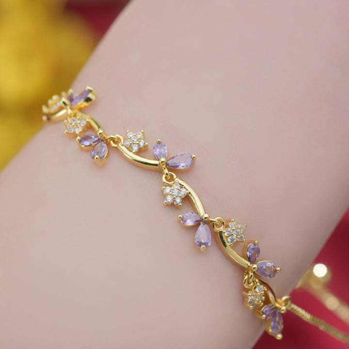 Gold Vine Leaf Bud Stone Adjustable Bracelet, Romantic Branch Stackable Wrist Chain